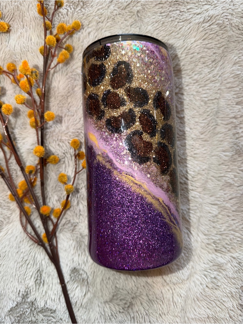 Purple Glitter Leopard Print Stainless Tumbler
